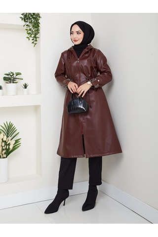 Hb Harma Time Butik Kadın Kapüşonlu Fermuarlı Şardonlu Deri Bordo Kap