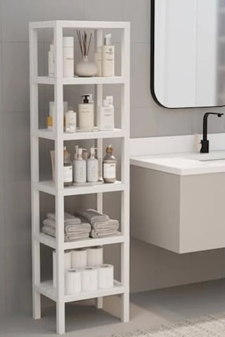 6 Katlı Plastik Beyaz Banyo Mutfak Rafı Açık Ahşap