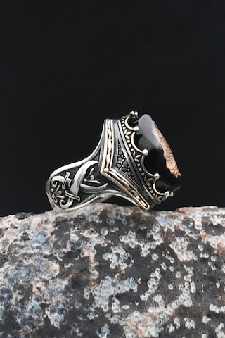 Hz. Ali Zülfikar Kılıcı Ve Hasbiyallah Yazılı Sıkma Kehribar Taşlı 925 Ayar Gümüş Yüzük 901997 Gümüş