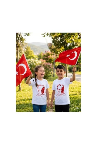 Alglıfe Atatürk Baskılı Beyaz Çocuk Tişört - Unısex Kalıp %100 Pamuk Bir Beden Büyük Önerilir