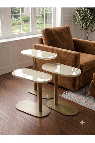 Vista Krem Renk Üst Tabla , Cappicino Renk Metal Ayaklı 3'lü Zigon Sehpa Seti Salon /koltuk Altı Sehpa Yan Sehpa - C Sehba Modern Sehba