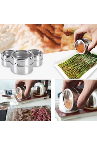 Kaliteli Paslanmaz Çelik 3 Lü Paket Mıknatıslı Baharatlık Cin114 Gri