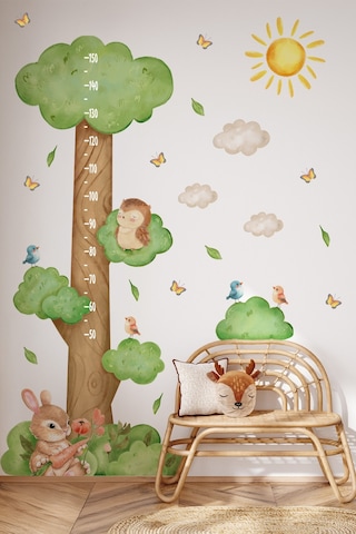 Ormanda Keyifli Bir Gün Temalı Temalı Boy Ölçer Boy Cetveli Sticker Seti Çocuk, Sevimli Orman Figür Dijital Baskı