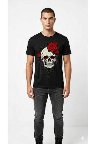Erkek Kuru Kafa Kırmızı Gül Detayı Baskılı Pamuklu Regular T-shirt Siyah