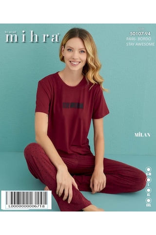 Mihra Kadın Bisiklet Yaka Milan Likralı Kısa Kol Pijama Takımı 50107/94- 1 Adet Bordo