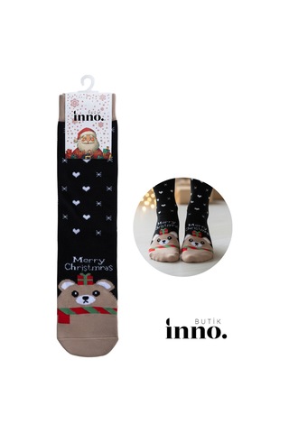 Inno Yılbaşı Desenli Noel Babalı Hediyelik Kraft Kutulu Çorap Tekli Kahverengi