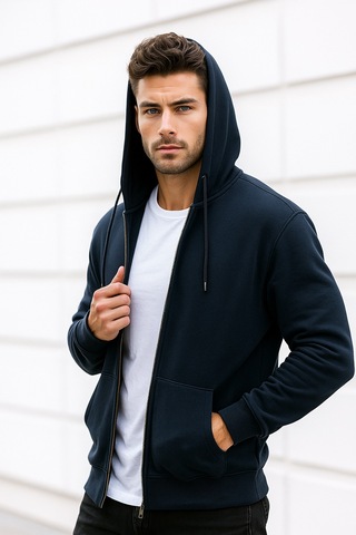 Rich Erkek Lacivert Kapüşonlu Kanguru Cepli Fermuarlı Sweatshirt Lacivert