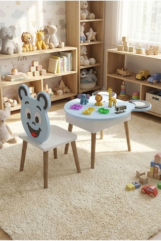 Çocuk Masası & Çocuk Sandalyesi Happy Face Sevimli Figürlü Set Mavi