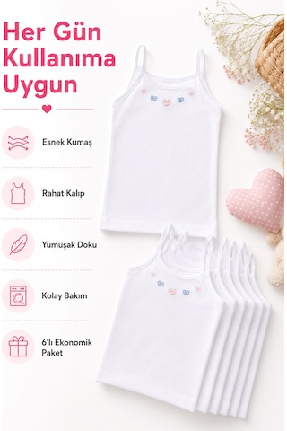 Hepsine Rakip 6 Lı Kız Çocuk İp Askılı Atlet İşlemeli Ribana 0165 Beyaz