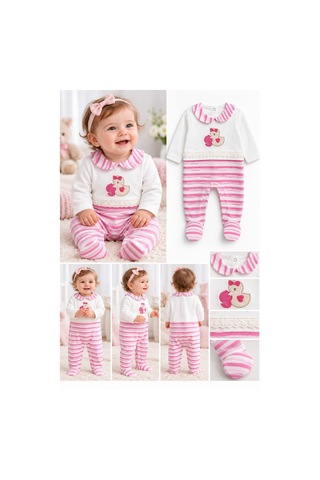 Messlife Pembe Çizgili Ördek Nakışlı Kız Bebek Tulum Beyaz - 929892028 Beyaz
