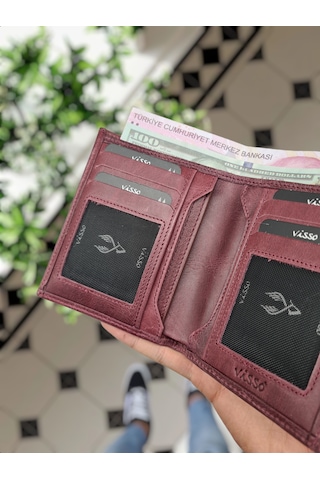 Visso 155 Hakiki Deri Cüzdan Yavru Kartlıklı Tak Çıkar Bordo