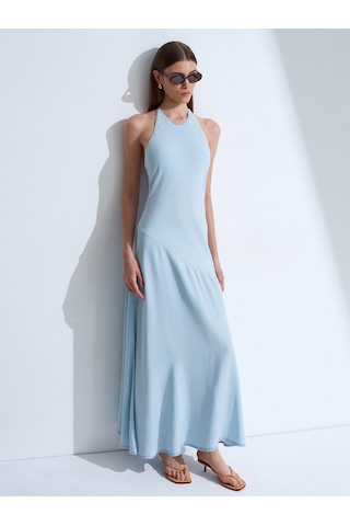 Dilvin 90586 %100 Lyocell Halter Yaka Elbise-mavi