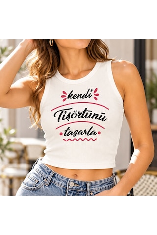 Bk Gift Kişiye Özel Kendin Tasarla Sıfır Kol Fitilli Crop Bluz - Esnek Likralı Günlük Crop Beyaz