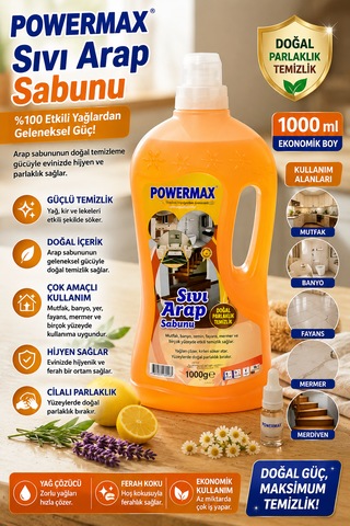 Powermax Sıvı Arap Sabunu 1000 Ml X3 Set Çok Amaçlı Doğal Sabun Bazlı Temizleyici 3'lü Set