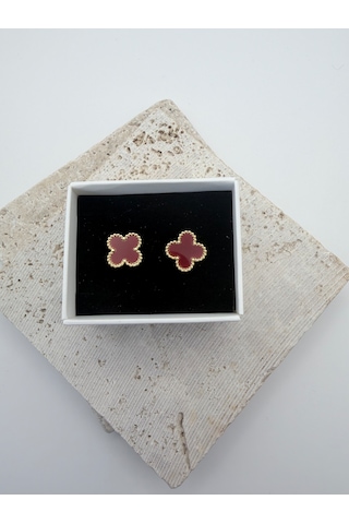 Çelik Yonca Küpe Renkli Mineli Gold Kadın Küpe 1 Cm Minimal Günlük Küpe Bordo