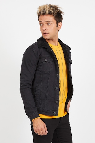 Erkek Siyah Kürklü Füme Renk Eskitmeli Slim Fit Kot Ceket Füme