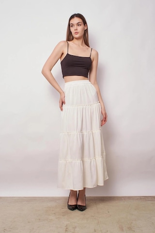 Kadın İç Göstermez Midi Boy Fırfırlı Beli Lastikli Etek -krem Krem