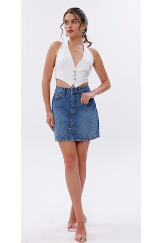 Eseclass Kadın Mavi Yüksek Bel Taş İşlemeli Denim Mini Etek - Işıltılı Kot Etek