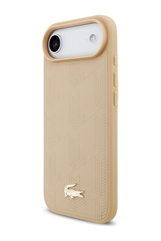 Apple Uyumlu iPhone 17 Air Kılıf Lacoste Lisanslı M-safeli Pu Deri Tasarımlı Karışık Monogram Desenli Kapak Bej Bej