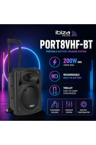 - Port8vhf-bt - Taşınabilir Hoparlör, 8 İnç 20,3 Cm /maks. 400w, 2 Mikrofonlu Kablolu Ve Vhf , Uzaktan Kumanda Ve Koruyucu Kılıf - Bluetooth, Usb, Sd - 4-6 Saat Bağımsız Çalışma Süresi