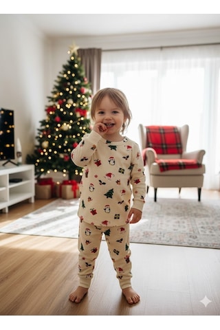 Yılbaşı Konseptli Pamuk Kumaşlı Pijama Takımı Ekru