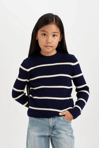 DeFacto Kız Çocuk Lacivert Çizgili Fitted Bisiklet Yaka Triko Kazak D1392A824WNNV241 Lacivert