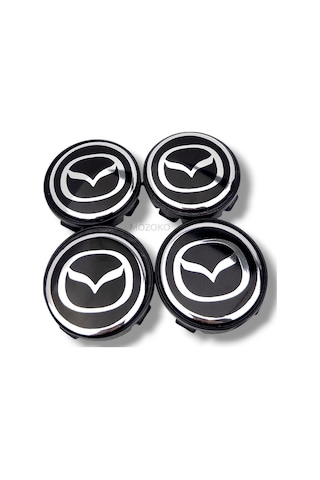 Mazda Logolu 58mm Dış 55mm İç Siyah Gümüş Geçmeli Jant Göbeği Kapak Seti, 4 Adet Krom Görünümlü