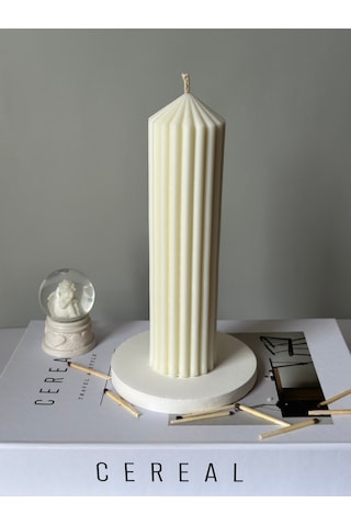 Dekoratif Çizgili Silindir Sütun Kokulu Vegan Soya Mum - 20 Cm Beyaz