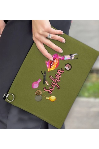 Bk Gift Kişiye Özel İsimli-4 Astarlı Yeşil Portföy Çanta 30x21cm, Baskılı El Çantası, Organizer Çanta