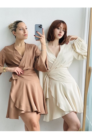 Retrobird Tasarım Ashley Kruvaze Elbise Kadın Taba