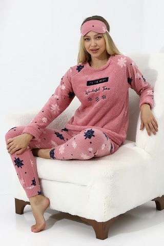 Fawn 5009 Peluş Welsoft Polar Kışlık Yumoş Kadın Pijama Takımı Pudra