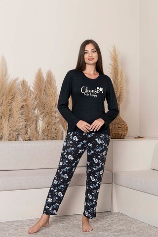 Kadın Bisiklet Yaka Düğmesiz Dökümlü Viskon Mevsimlik Uzun Kol Cepli Pijama Takımı Siyah