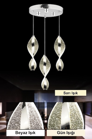 İstanbul Avize Mars 3'lü Gümüş Kumandalı Led 3 Renk Modern Ledli Avize