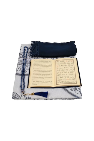 Şal + Seccade + Tesbih + Yasin Hediye Seti Çanta Boy, Şems Lafzatullah, Raşel Cilt, Lacivert