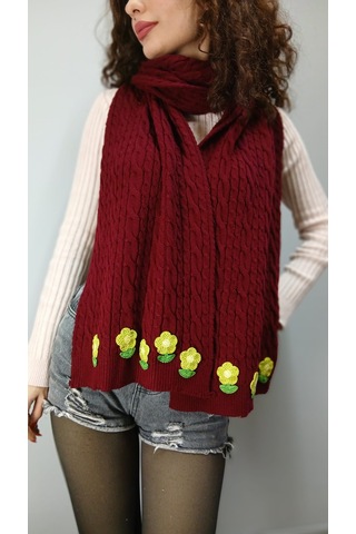 Gönülden Tasarım Bordo Örme Triko Çiçekli Kadın Şal Atkı Boyunluk 200x30 Cm Renkli