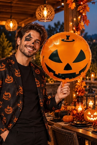 Halloween Cadılar Bayramı Balkabağı Yüzlü Folyo Balon 45 Cm 18 İnç Turuncu Yuvarlak Parti Süsü Çok Renkli