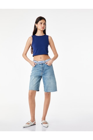 Koton Kolsuz Bisiklet Yaka Slim Fit Crop Bluz Lacivert 6sal30050ık