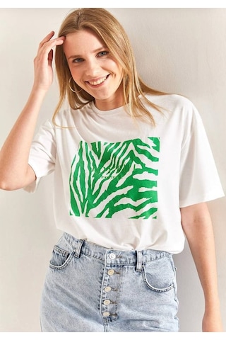 Baskılı Basic Bisiklet Yaka Örme T-shirt Önü Yeşil