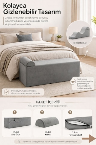 Serenity Çok Amaçlı Dinlenme Koltuğu Katlanabilir Bench Formlu Şezlong Yetişkin Çiftler İçin Ergonomik Destek Minderi Gri