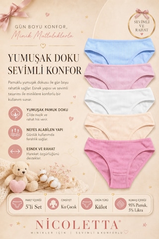 Nicoletta Kız Çocuk Külot 5 Li Paket Pamuklu Likralı Kaşkorse Çok Renkli