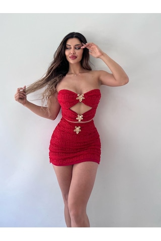 Kırmızı Dantel Strablez Tokalı Etekli İkili Takım Kırmızı