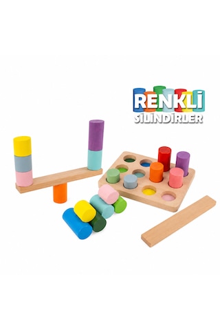 Bee Smart Renkli Ahşap Silindir Denge Ve Eşleştirme Oyunu 12 Parça