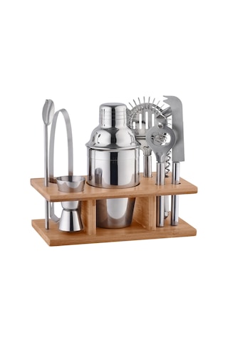 9 Parça 350 Ml Paslanmaz Çelik Mini Kokteyl Shaker Seti, Bambu Standlı Bar Aksesuarı
