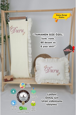Gros Shop Müslin Yeni Doğan 4katlı Organik %100pamuk Kişiye Özgü Nakışlı Hastane Çıkış Seti Papatya Model-5 Ekru