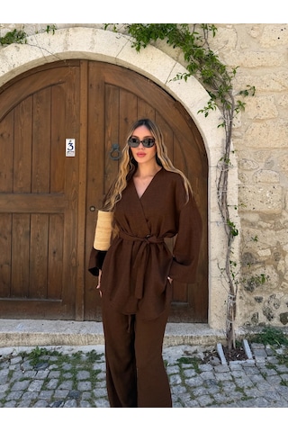 Laluvia Kahverengi Tek Düğmeli Kuşaklı Kimono Takım - 007