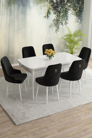 Meri Serisi Beyaz 80x132 Açılabilir Mdf Masa Yemek Odası Takımı, Mutfak Masa Takımı 6 Adet Sandalye Siyah