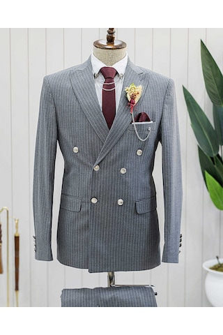 Bys Beystil Sivri Yaka Gri Çizgili Kruvaze Takım Elbise Togo - Slim Fit