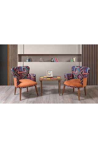 Bienvelle Turuncu Çay Seti 2 Tekli Koltuk+Sehpa (Salon, Balkon, C