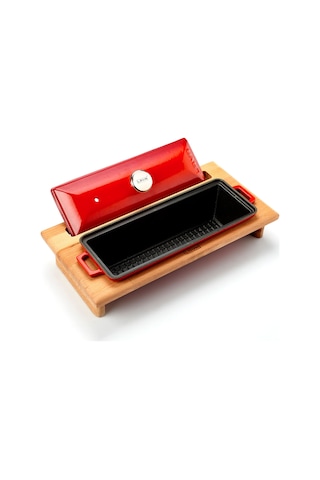 Lava Döküm Ekmek Tenceresi / Kayın Ağacı Servis Standı / Terrine Serisi. Ölçü 11x29cm. - Kırmızı