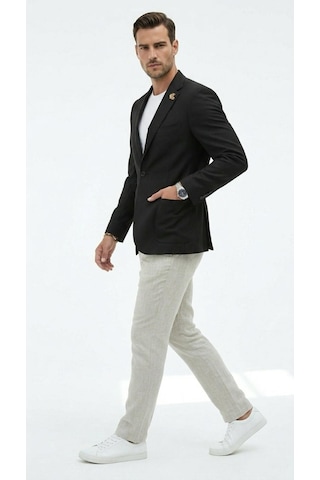 Plus Scorpion Ck089 Erkek Slim Fit Blazer Ceket Tek Düğmeli Çift Yırtmaçlı Torba Cepli Yarım Astarlı Siyah